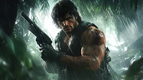 Rain-soaked jungle warrior stalks through silver bulletstorm.