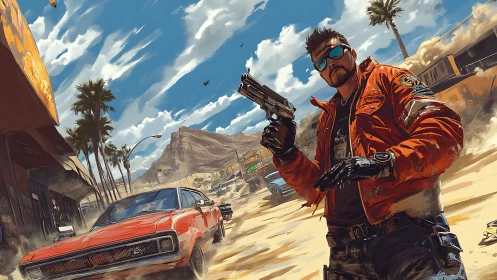 Armed cyberpunk drifter dominates sunlit desert highway scene