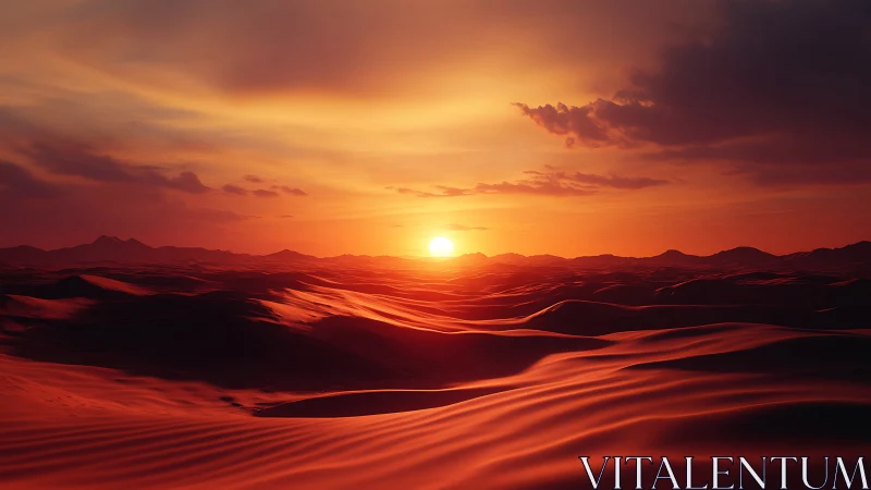 Desert sunset ignites rolling dunes with molten light.