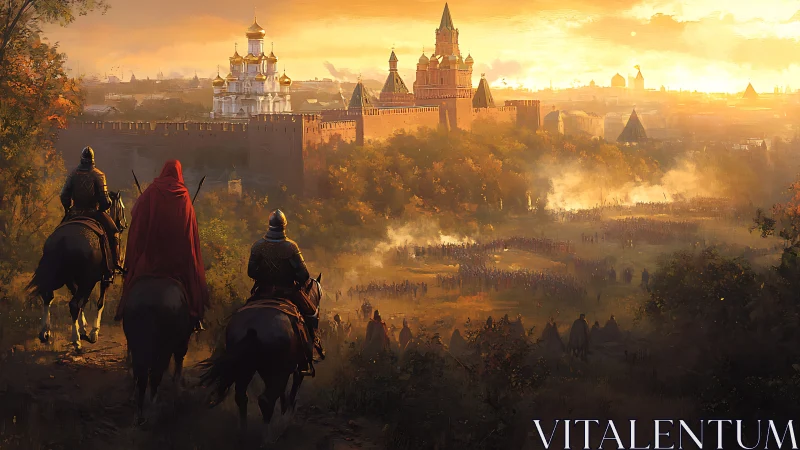 Crimson rider surveys sunlit fortress before gathering storm.