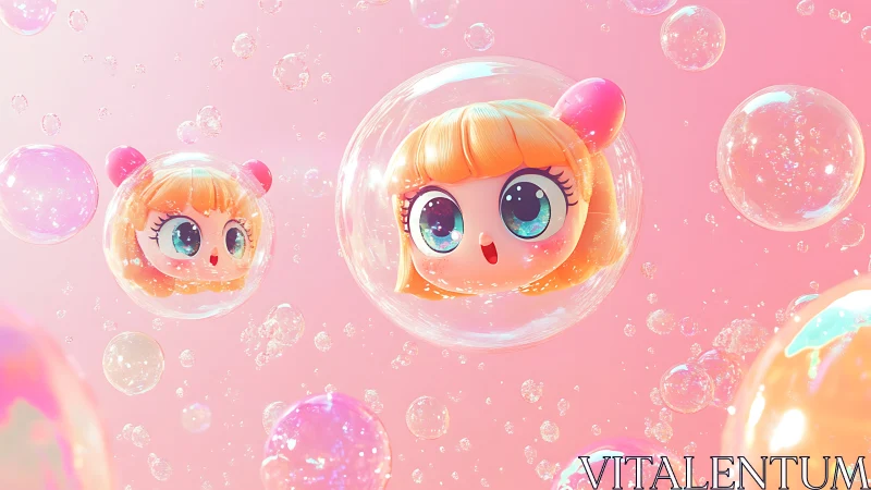 Magical bubble creatures with big eyes floating in pink dreamscape.