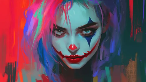 Intense neon-lit clown portrait uses high saturation and sharp contrast