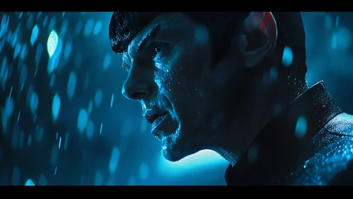 Rain-soaked sci fi officer stands in cool blue light