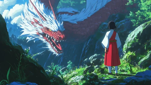 Girl confronting red dragon in lush forest valley scene.