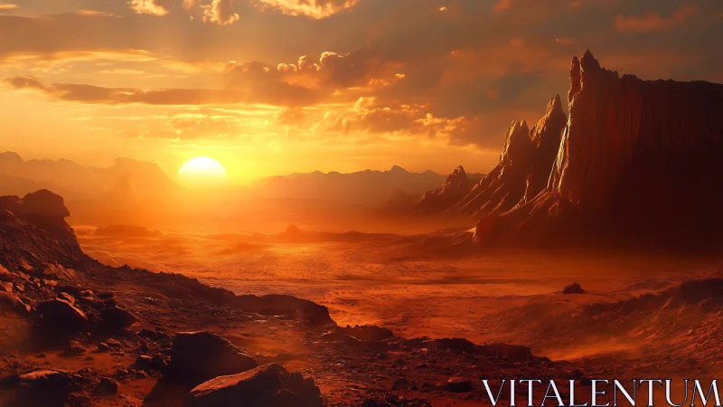 Radiant extraterrestrial desert sunset reveals stratified basalt ridges