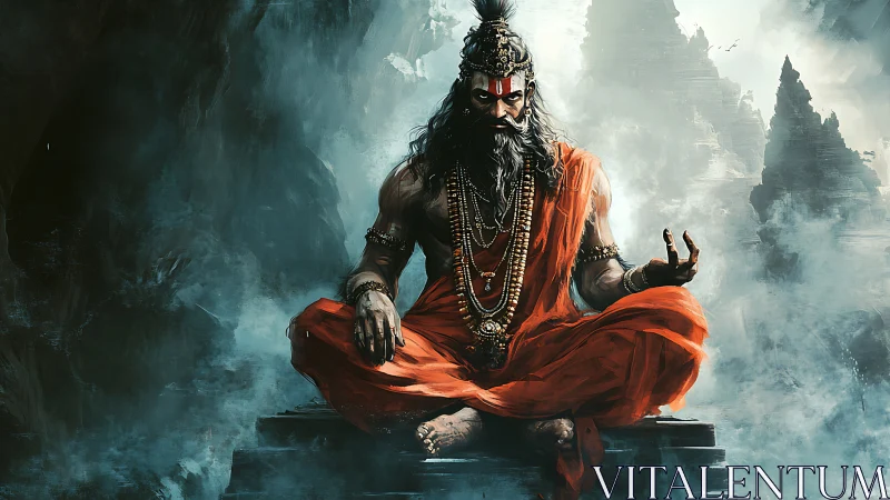 Powerful ascetic saint meditating on stone steps in mist.