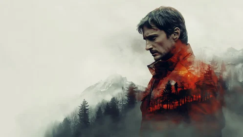 Melancholic forester composite within misted alpine void.