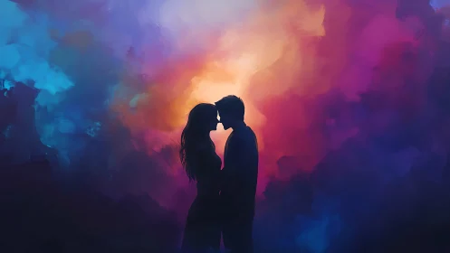Silhouetted couple embracing within luminous gradient haze
