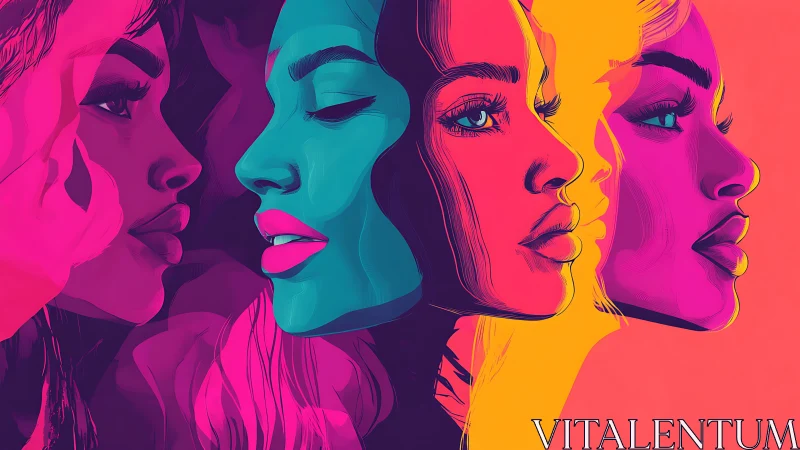 Multiple stylized female profiles are rendered in neon colors.
