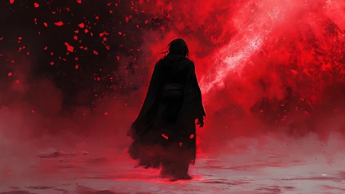 Solitary cloaked figure advances toward turbulent red energy field