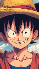 Sunny straw hat hero smiles brightly under open skies
