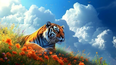 Chromatic tiger in hyperreal floral field under cumulus sky.