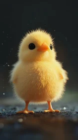 Newborn Chick: Golden Plumage with Striking Orange Beak Detail.