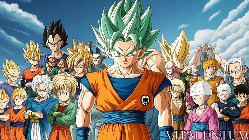 United Saiyan heroes gather under a bold blue sky.