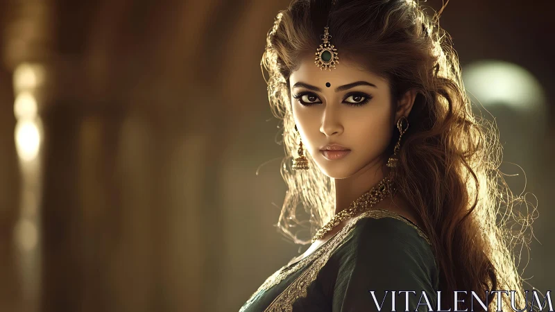 Low key portrait of adorned woman in warm rim lighting glow