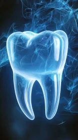 Glowing translucent tooth hovers within swirling blue light