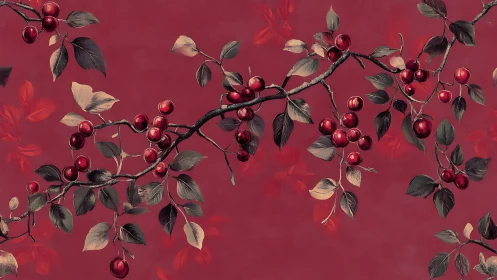 Crimson cherry branches with muted leaves on deep red ground.