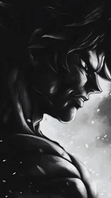 Monochrome profile of muscular anime warrior in shadow.