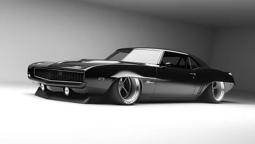 Black pro-touring muscle car render with ultra-wide stance.