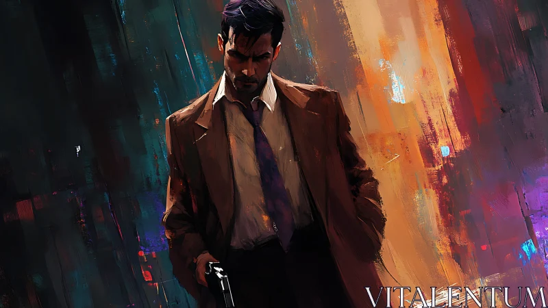 Man in suit holding handgun against abstract color field.