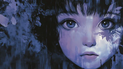 Soft midnight gaze meets drifting petals in cool blue light