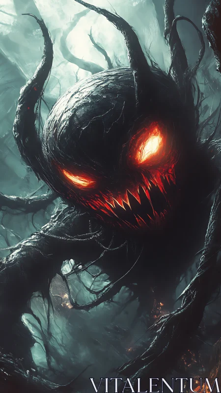 Demonic forest entity emerges with molten eyes and teeth