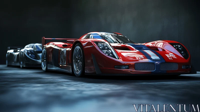 Red endurance prototype car in low light studio setting.