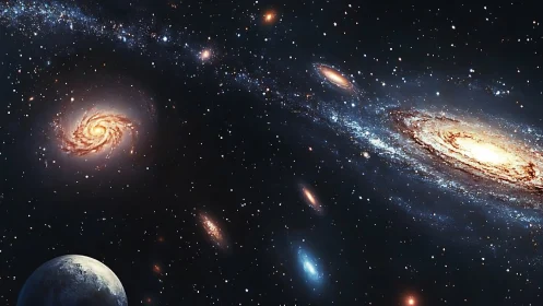 Spiral galaxies, dwarf companions and cratered planet in deep space.