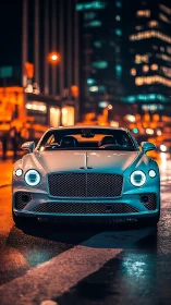 Luxury coupe illuminated against neon urban nightscape