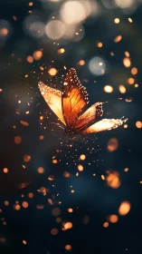 Orange butterfly glowing amid warm bokeh sparks at dusk.
