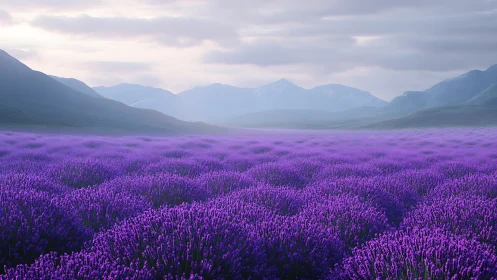 Photorealistic lavender expanse with misted alpine horizon.