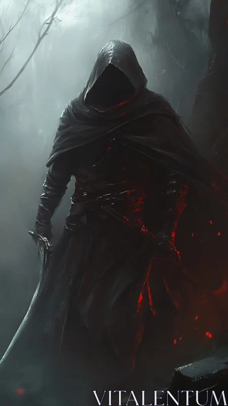 Hooded wraith assassin emerges in mist with ember-lit armor