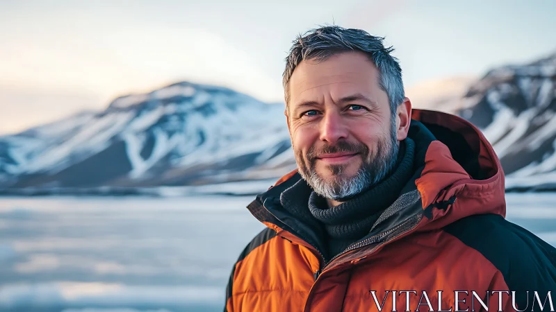 Weathered wanderer smiling against arctic mountain hush.
