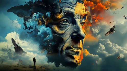 Surreal fragmented elder portrait in turbulent bifurcated sky.