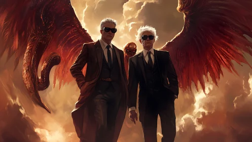 Occult agents in tailored suits under apocalyptic seraphic wings.