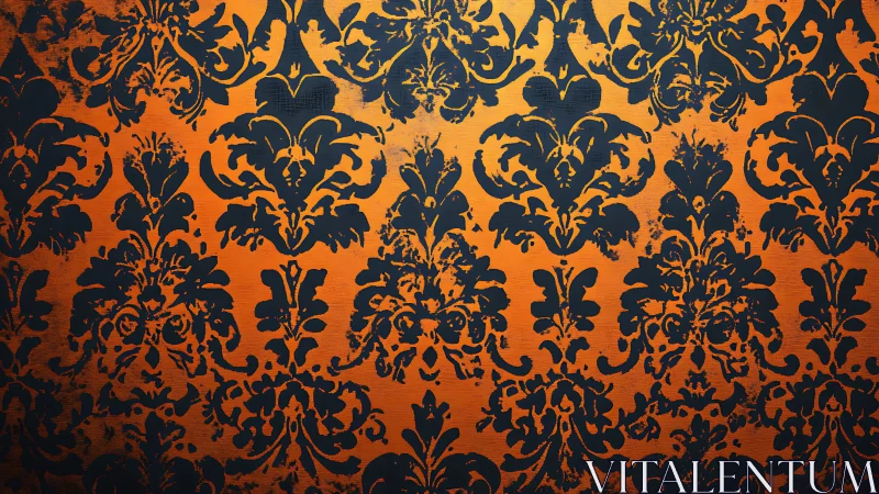 Distressed black baroque damask pattern on vivid orange ground