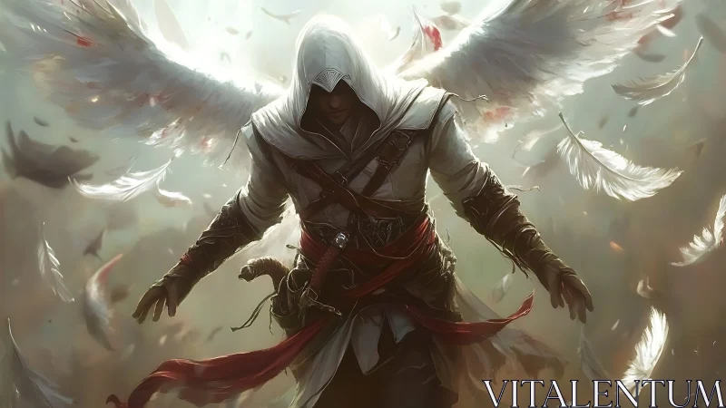 Winged rogue descends in storm of luminous battle feathers.