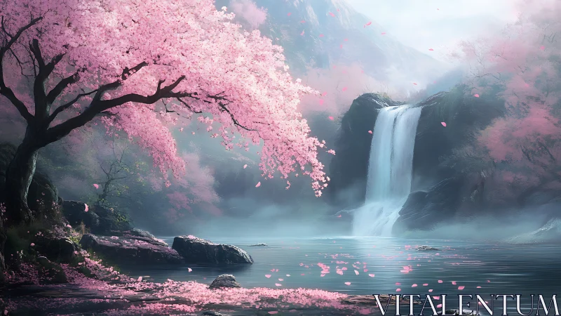 Cherry blossoms frame a waterfall in a misted valley scene