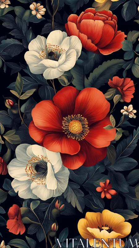 Botanical Romance: Red, White, and Gold Florals Against Dark Backdrop.