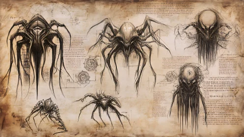 Eldritch insectoid creature concept sketches on aged parchment.