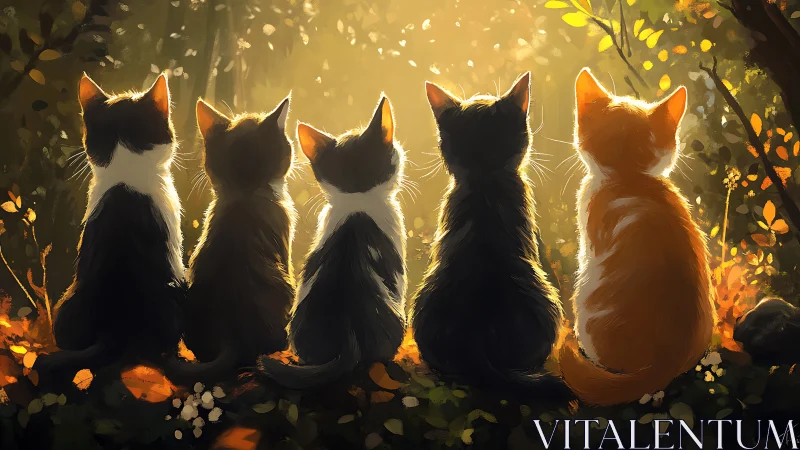 Five Cats in Golden Forest Light.