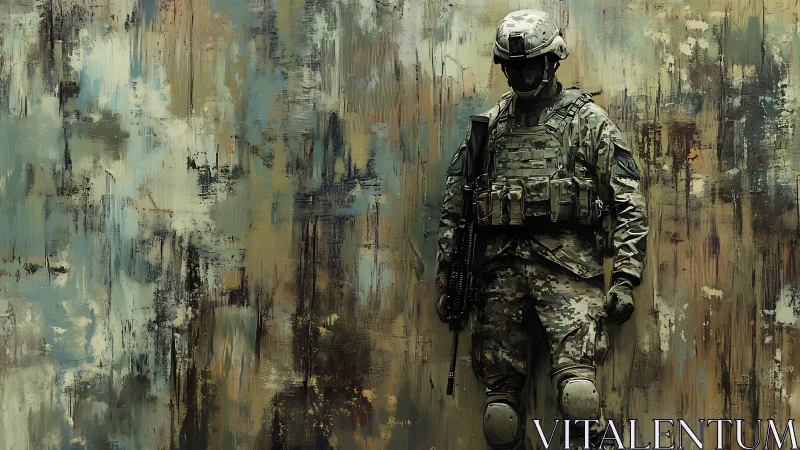 Armored soldier stands against abstract tactical camo field
