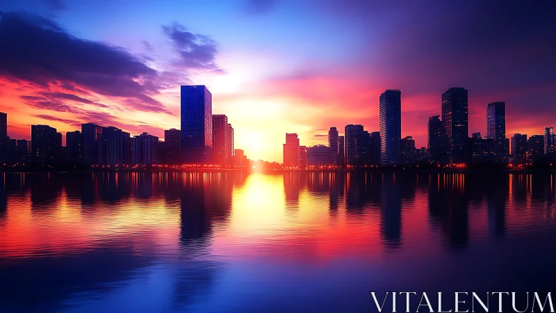 Neon dusk skyline blazing over glassy mirror of water.