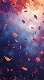 Autumn leaves swirl through luminous dusk sky gradient