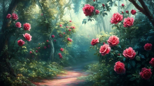 Forest pathway with blooming roses under diffused light