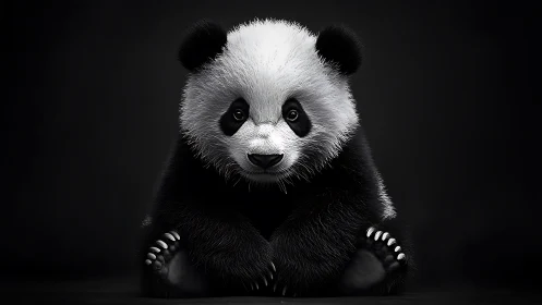 Softly lit baby panda sits against dramatic black background.