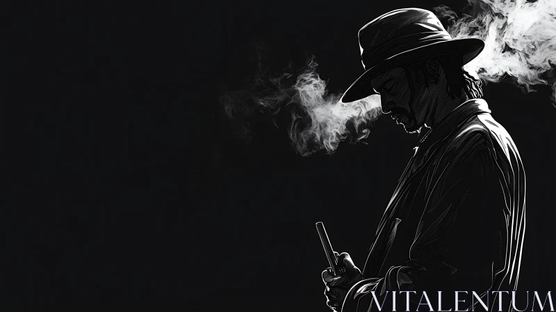Solitary noir figure lost in thought and rising smoke.