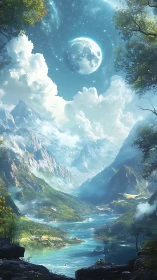 Celestial moonlit valley renders atmospheric depth and scale