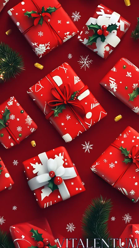 Digital holiday gift pattern with red geometric wrapping forms.