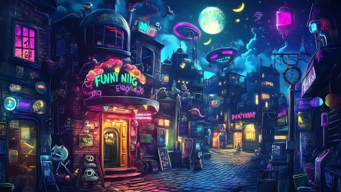 Neon-lit fantasy street glows under a luminous moonlit sky